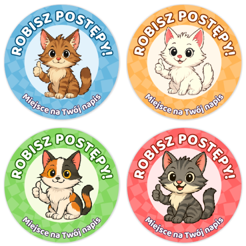 Naklejki motywacyjne - ROBISZ POSTĘPY - wzór 4 (40mm, 120 szt.) + Twój napis