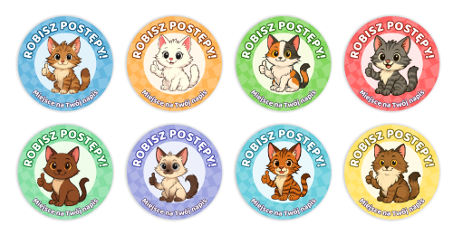 Naklejki motywacyjne - ROBISZ POSTĘPY - wzór 4 (40mm, 120 szt.) + Twój napis