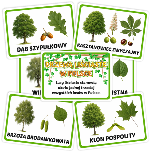Drzewa liściaste 2.pngKarty - Drzewa Liściaste w Polsce (13 kart, format A5)