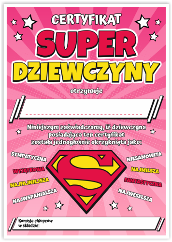 Dyplom: Certyfikat Superdziewczyny (na Dzień Kobiet) - wzór 4
