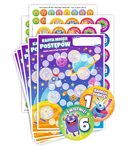 Pakiet Motywacyjny "Zbierz 8 potworków" (Karty + naklejki 20mm + naklejki 40mm)