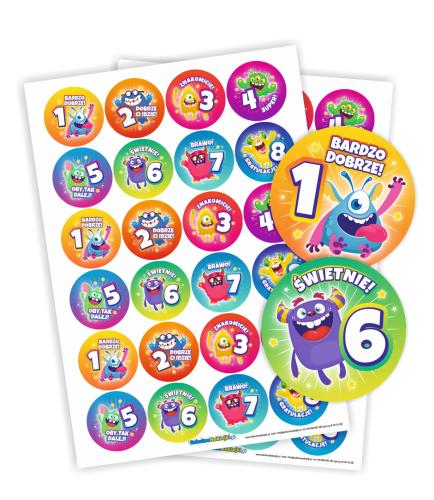 Pakiet Motywacyjny "Zbierz 8 potworków" (Karty + naklejki 20mm + naklejki 40mm)