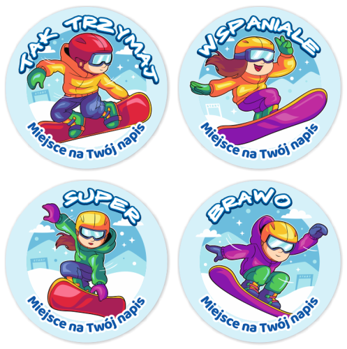 Naklejki Motywacyjne "Zimowe dzieci - Snowboard" (40mm, 120 szt.) + nazwa szkoły/przedszkola/grupy