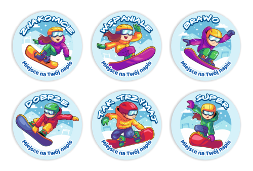 Naklejki Motywacyjne "Zimowe dzieci - Snowboard" (40mm, 120 szt.) + nazwa szkoły/przedszkola/grupy