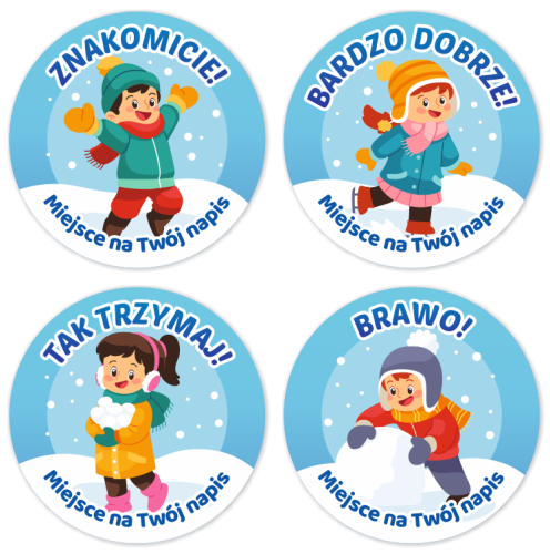 Naklejki Motywacyjne "Zimowe Dzieci" - wzór 2 (40mm, 120 szt.) + nazwa szkoły/przedszkola/grupy