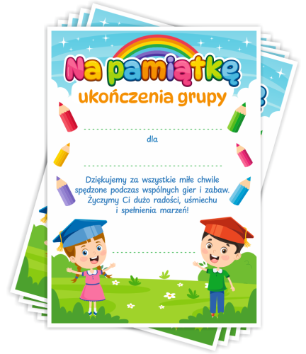 Wkładki z dedykacją - Pamiątka Ukończenia Grupy Przedszkolnej - wzór 1 ( A6, komplet 10 szt.)