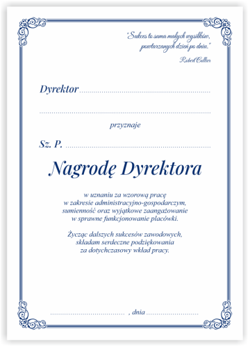Dyplom: Wkładka do teczki "Nagroda Dyrektora" dla pracownika obsługi - wzór 6