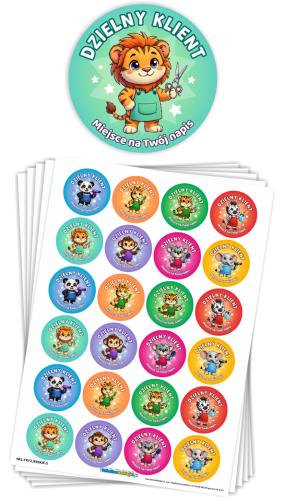 Naklejki "Dzielny Klient" (40mm, 120 szt.) + nazwa salonu/firmy (Wzór 5)