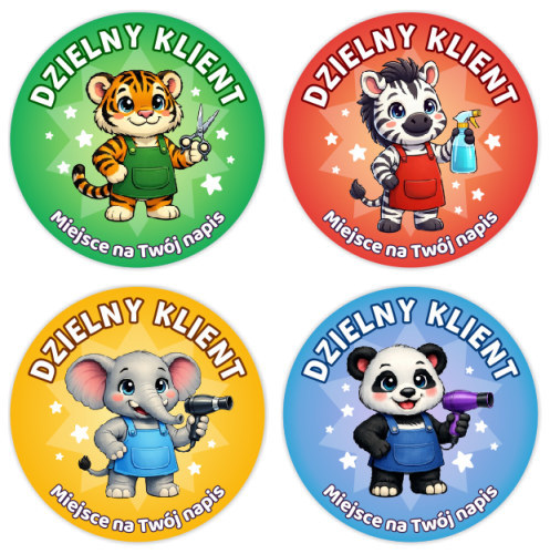 Naklejki "Dzielny Klient" (40mm, 120 szt.) + nazwa salonu/firmy (Wzór 5)