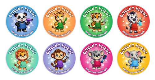 Naklejki "Dzielny Klient" (40mm, 120 szt.) + nazwa salonu/firmy (Wzór 5)