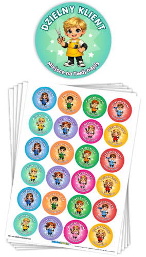 Naklejki "Dzielny Klient" (40mm, 120 szt.) + nazwa salonu/firmy (Wzór 6)