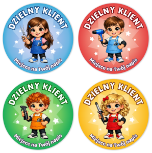Naklejki "Dzielny Klient" (40mm, 120 szt.) + nazwa salonu/firmy (Wzór 6)