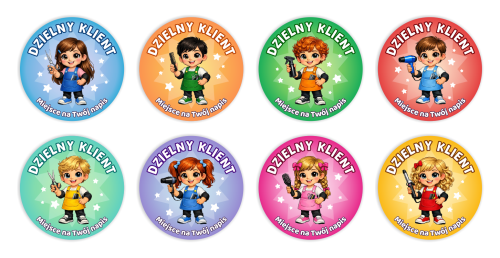 Naklejki "Dzielny Klient" (40mm, 120 szt.) + nazwa salonu/firmy (Wzór 6)