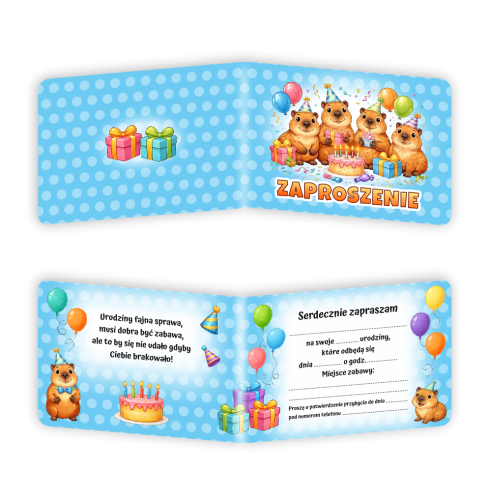 Zaproszenie: Urodziny - Kapibary - wzór 8 (składane, format A6)