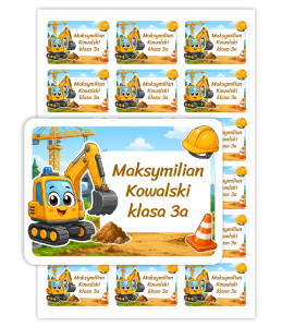 Naklejki imienne NA ZESZYTY/KSIĄŻKI (18 szt.) "KOPARKA"