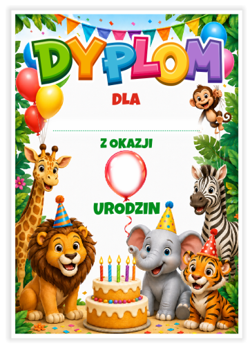 Dyplom: Urodzinowy - Zwierzątka Safari (wzór 13)