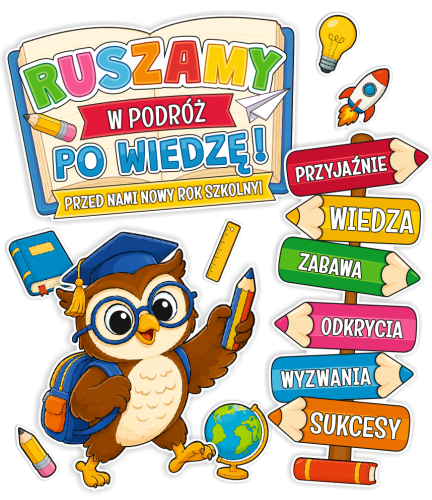Dekoracja na rozpoczęcie roku szkolnego - "RUSZAMY W PODRÓŻ PO WIEDZĘ" (~A3, dwustronna)