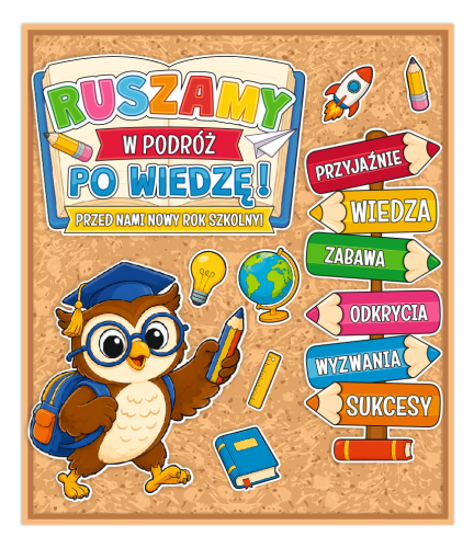 Dekoracja na rozpoczęcie roku szkolnego - "RUSZAMY W PODRÓŻ PO WIEDZĘ" (~A3, dwustronna)