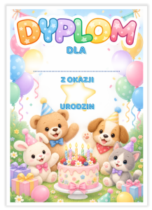 Dyplom: Urodzinowy - Pluszowe Zwierzaczki - wzór 17 (format A5)