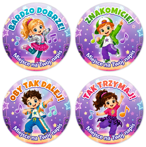 Naklejki "Tańczące Dzieci - wzór 4" (40mm, 120 szt.) z nazwą szkoły/przedszkola/grupy