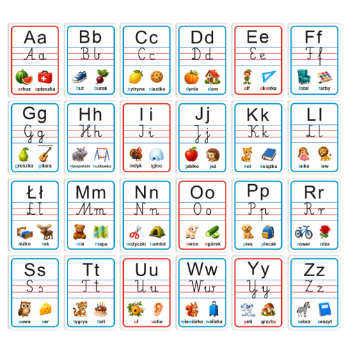 Plansze edukacyjne "Alfabet - literki pisane i drukowane" - wzór 2 (zestaw 24 kart A4)