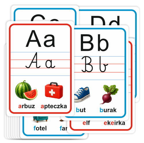 Plansze edukacyjne "Alfabet - literki pisane i drukowane" - wzór 2 (zestaw 24 kart A4)