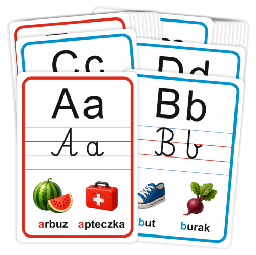 Plansze edukacyjne "Alfabet - literki pisane i drukowane" - wzór 2 (zestaw 24 kart A4)