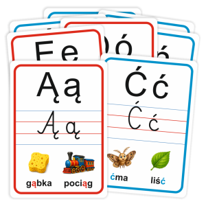 Plansze edukacyjne "Literki Ą Ć Ę Ń Ó Ś Ź Ż - rozszerzenie do alfabetu" - wzór 2 (zestaw 8 kart A4)