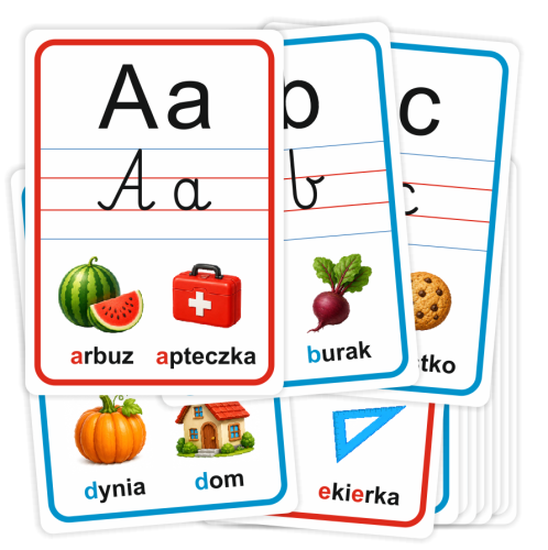 Plansze edukacyjne "Alfabet - literki pisane i drukowane" - wzór 2 (zestaw 24 kart A4)