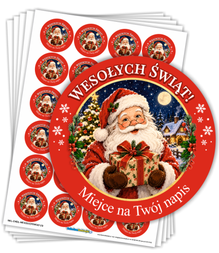 Naklejki Świąteczne "Wesołych Świąt" - wzór 29 (40mm, 120 szt.) + własny napis