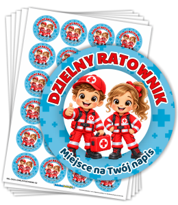 Naklejki "Dzielny Ratownik" - wzór 2 (40mm, 120 szt.) + własny napis