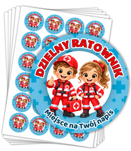 Naklejki "Dzielny Ratownik" - wzór 2 (40mm, 120 szt.) + własny napis