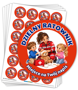 Naklejki "Dzielny Ratownik" - wzór 3 (40mm, 120 szt.) + własny napis