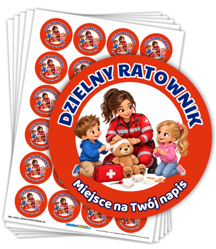 Naklejki "Dzielny Ratownik" - wzór 3 (40mm, 120 szt.) + własny napis