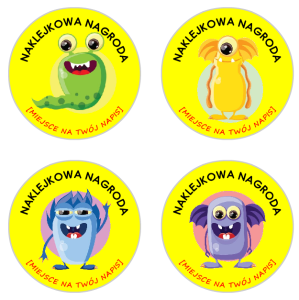 Naklejki "Potworki" (40mm, 120 szt.) z nazwą szkoły/przedszkola/grupy