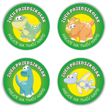 Naklejki "DINO Zuch Przedszkolak" (40mm, 120 szt.) + nazwa szkoły/przedszkola/grupy