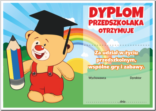 Dyplom przedszkolaka z misiem.