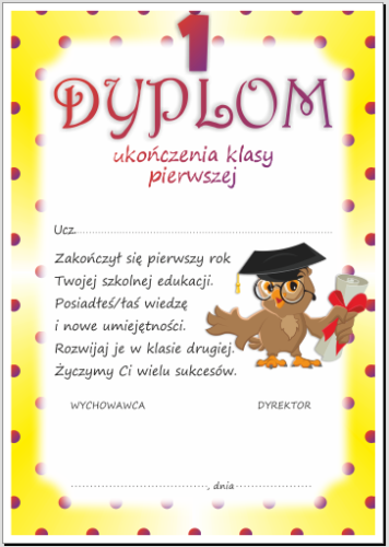 Dyplom ukończenia klasy pierwszej.