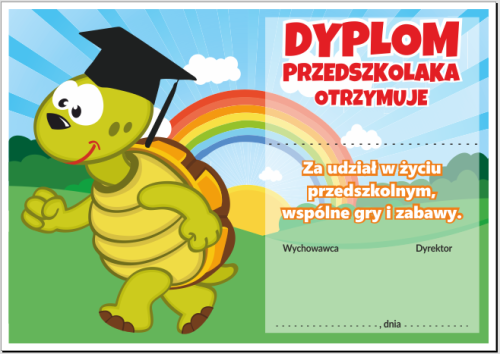 Dyplom przedszkolaka z żółwiem.