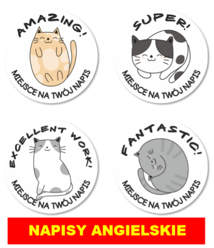 Naklejki "Kotki" (j. angielski, 40mm, 120 szt.) + twój napis
