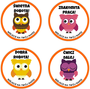 Naklejki "Sowy" (40mm, 120 szt.) + nazwa szkoły/przedszkola/grupy