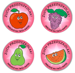 Naklejki "Owoce Zuch Przedszkolak" (40mm, 120 szt.) + nazwa szkoły/przedszkola/grupy
