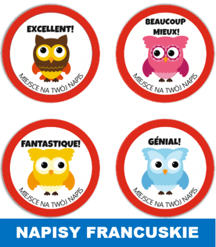 Naklejki sowy w języku francuskim.