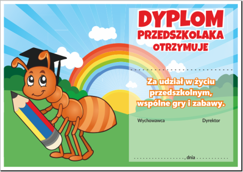 Dyplom przedszkolaka z mrówką.